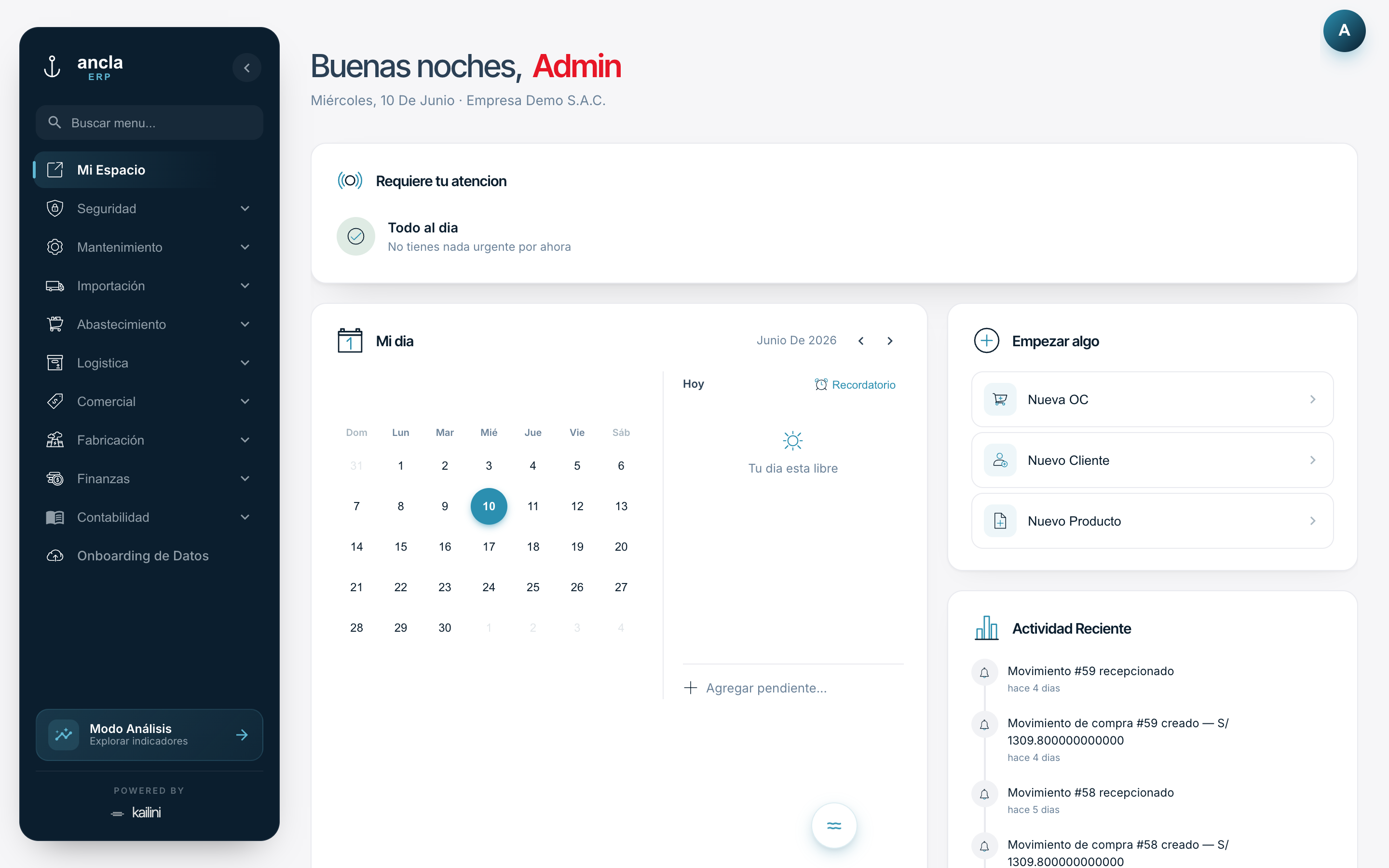 Pantalla real de Mi Espacio en Ancla ERP: saludo del día, agenda, accesos para empezar algo y actividad reciente del equipo