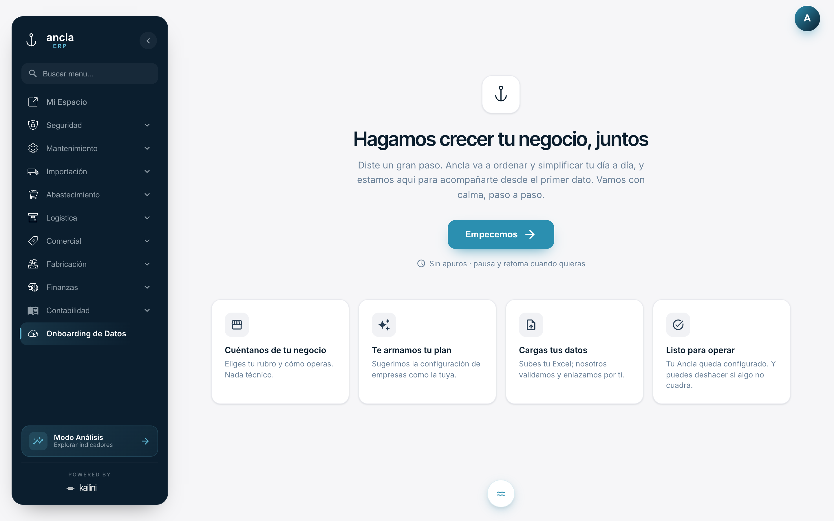 Pantalla real del onboarding de datos de Ancla ERP: asistente en 4 pasos — cuéntanos de tu negocio, te armamos tu plan, cargas tus datos y listo para operar